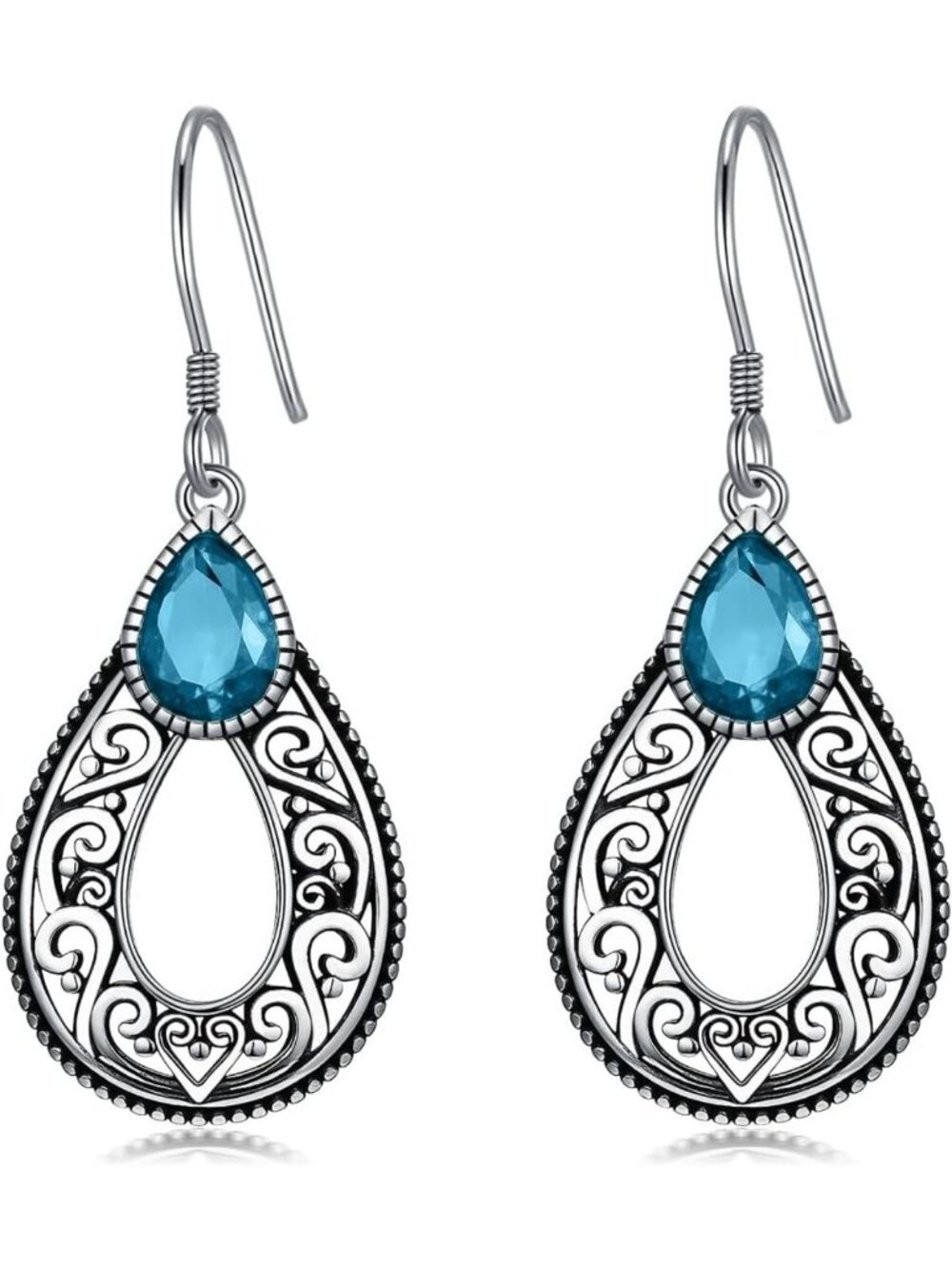 Vintage 925 Sterling Silver Filigree Tear Drop Dangle Earrings with Birthstone